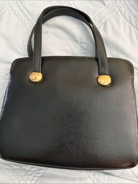 Vintage Kadin Classic Black Leather TopHandle purse pocketbook with Gold Accents